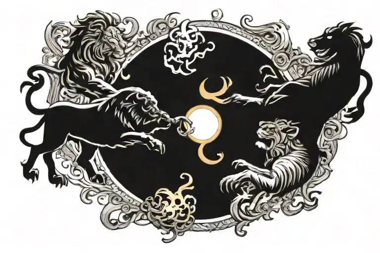 Bull vs lion fight, inside a Ring of fire. over Gold, and gems tattoo design idea