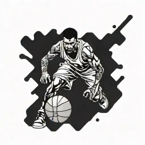 A basketball player dribbling a ball with a 90s hiphop twist tattoo design idea
