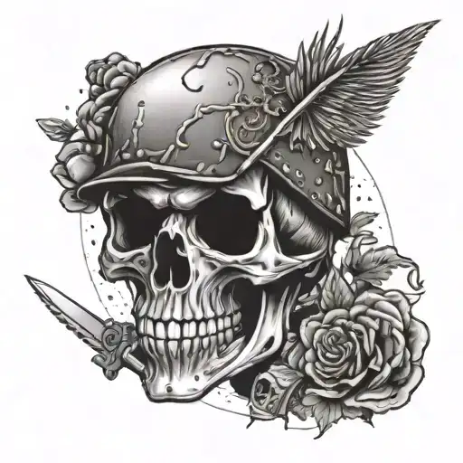 A mix of punk rock and military themes, with a skeleton in camouflage holding a gun and a knife tattoo design idea