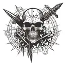 A punk rock inspired skull with anarchy symbols and weapons intertwined in the design tattoo design idea
