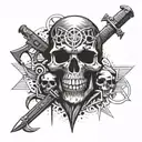 A punk rock inspired skull with anarchy symbols and weapons intertwined in the design tattoo design idea