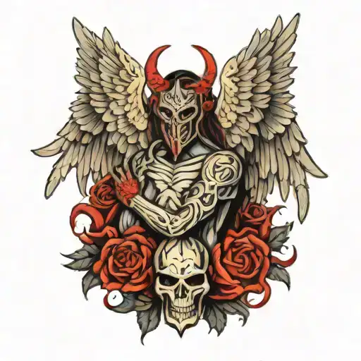 angel with wings and demon in mask tattoo design idea