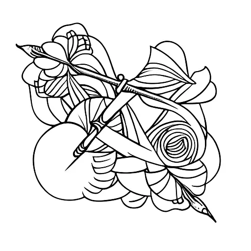 bow and arrow beside a flower tattoo design idea