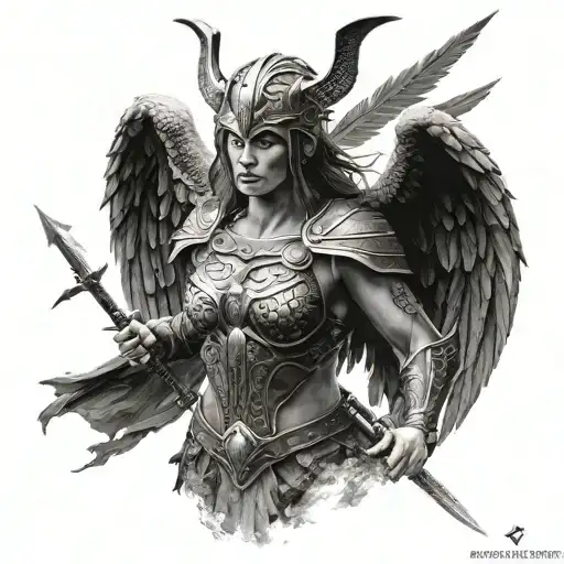 A black-grey tattoo of a Valkyrie warrior from Nordic mythology fighting the demons of the life and death tattoo design idea