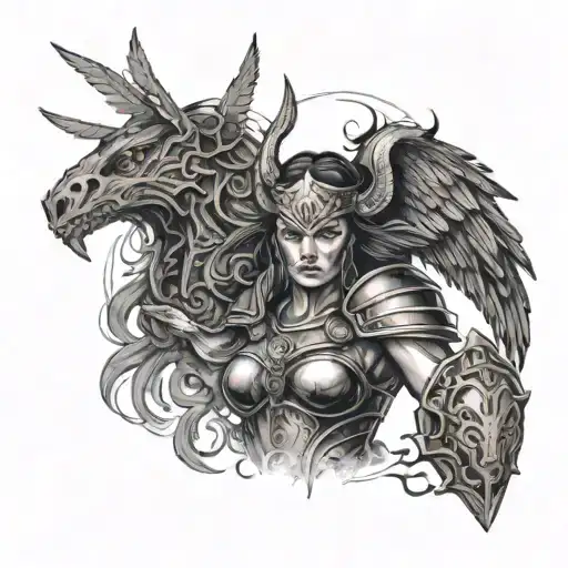 A black-grey tattoo of a Valkyrie warrior from Nordic mythology fighting the demons of the life and death tattoo design idea