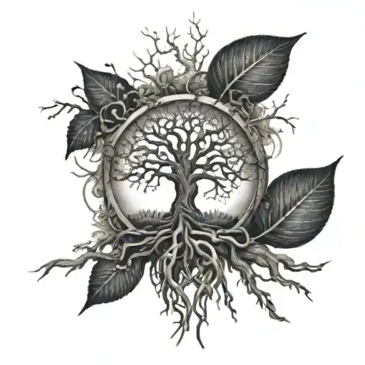 A dotwork tattoo of a majestic tree with roots intertwining with symbols of Nordic mythology tattoo design idea