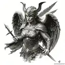 A black-grey tattoo of a Valkyrie warrior from Nordic mythology fighting the demons of the life and death tattoo design idea