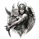 A black-grey tattoo of a Valkyrie warrior from Nordic mythology fighting the demons of the life and death tattoo design idea