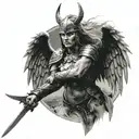 A black-grey tattoo of a Valkyrie warrior from Nordic mythology fighting the demons of the life and death tattoo design idea