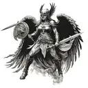 A black-grey tattoo of a Valkyrie warrior from Nordic mythology fighting the demons of the life and death tattoo design idea