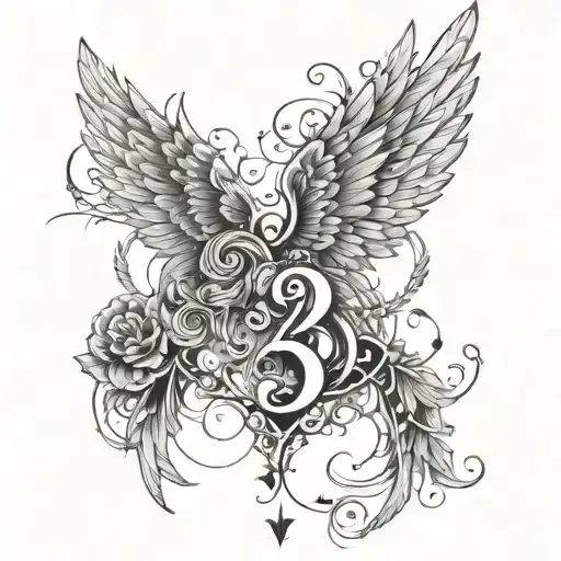 Incorporate the number 7 and 23 with angel wings spread tattoo design idea