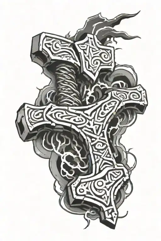 Thors hammer with lightning tattoo design idea