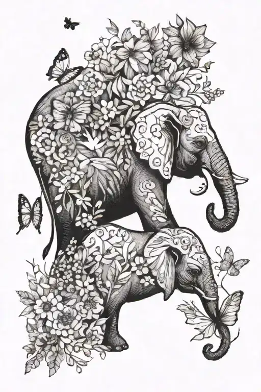 elephant wildflowers and butterflies fluttering tattoo design idea