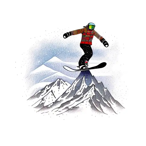 snowboarder in a jump against the backdrop of the Caucasian ridge and Elbrus tattoo design idea