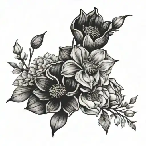 tattoo of a bouquet of flowers with june, october, and august birth flowers tattoo design idea