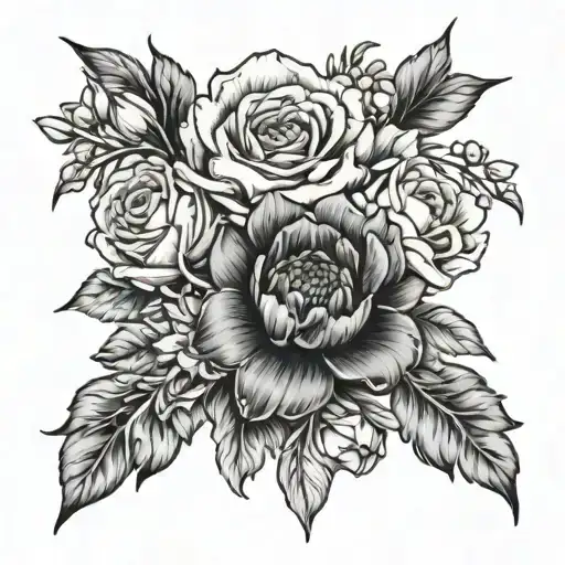 tattoo of a bouquet of flowers with june, october, and august birth flowers tattoo design idea