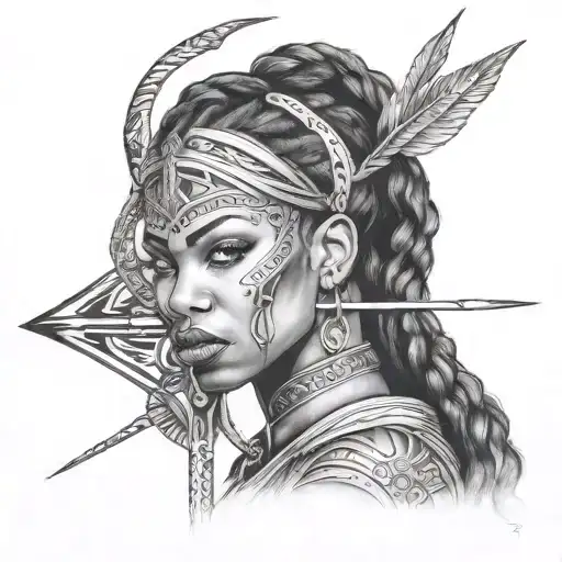 Face tattoo of angry African woman with bow and arrow and sword going into battle tattoo design idea