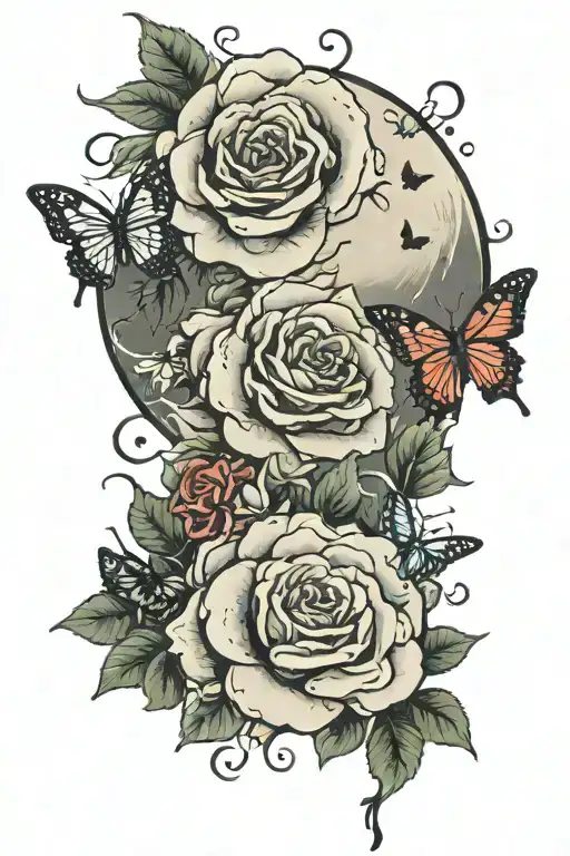 roses and butterflies and moon and japanese letters tattoo design idea
