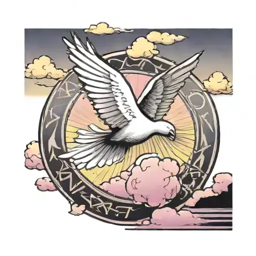 This image features a peace dove flying over a peace sign set against a yellow background with a blue sky and pink cloud tattoo design idea