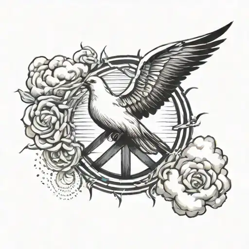 This image features a peace dove flying over a peace sign set against a  background with a  sky and cloud, by Milo Manar tattoo design idea