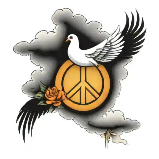 This image features a peace dove flying over a peace sign set against a  background with a  sky and cloud, by Milo Manar tattoo design idea