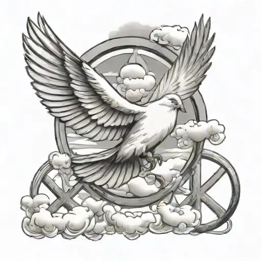 This image features a peace dove flying over a peace sign set against a  background with a  sky and cloud, by Milo Manar tattoo design idea
