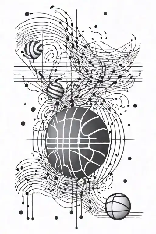 An abstract representation of sound waves merging with basketball lines tattoo design idea