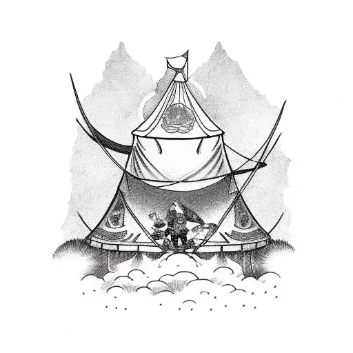 giant dwarf breaking the roof of a circus tent tattoo design idea