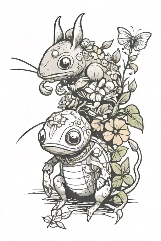 flowers and 3 Pikmin creature playing tattoo design idea