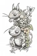 flowers and 3 Pikmin creature playing tattoo design idea