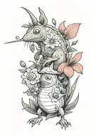 flowers and 3 Pikmin creature playing tattoo design idea