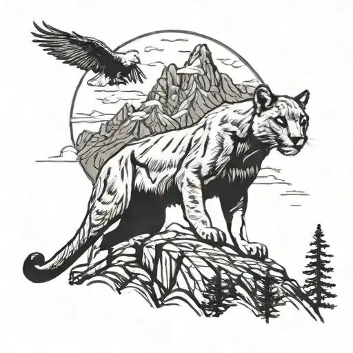 mountain lion on a cliff side with mountains in the background and a eagle flying overhead  tattoo design idea