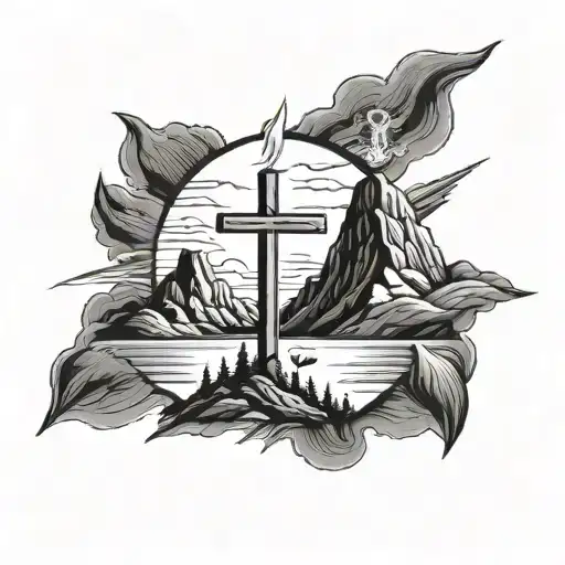 3 cross on mountain peak surrounded tattoo design idea