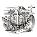 3 cross on mountain landscape tattoo design idea