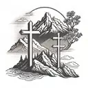 3 cross on mountain landscape tattoo design idea