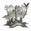 3 cross on mountain landscape tattoo design idea