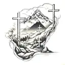 3 cross on mountain landscape tattoo design idea