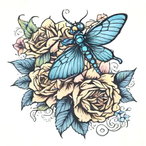 sunflower and pink tea roses and blue dragonfly tattoo design idea