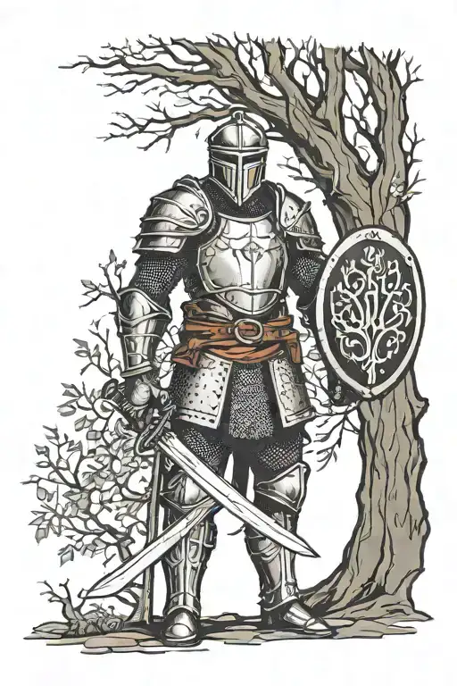 medieval knight standing in front of a big and dark tree with a sword and a shield in his hands tattoo design idea