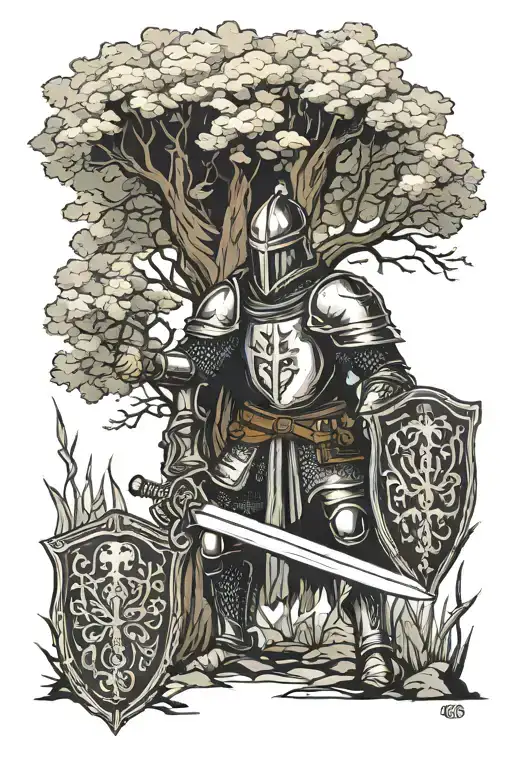 medieval knight standing with a sword and a shield in his hands in front of a big tree. everything is in a box tattoo design idea