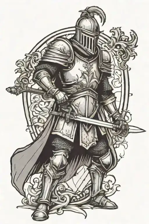 medieval knight standing with a sword and a shield in his hands. Background with a dark setting. black and grey only tattoo design idea