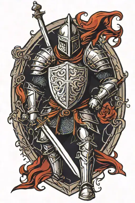medieval knight standing with a sword and a shield in his hands. Background with a dark setting tattoo design idea