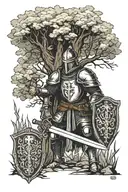 medieval knight standing with a sword and a shield in his hands in front of a big tree. everything is in a box tattoo design idea