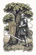 medieval knight standing with a sword and a shield in his hands in front of a big tree. everything is in a box tattoo design idea
