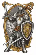 medieval knight standing with a sword and a shield in his hands. Background with a dark setting tattoo design idea