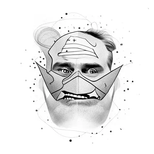 An abstract representation of Jim Carrey's face with a mask hidden but not an ugly face, a smile hidden behind a mask re tattoo design idea