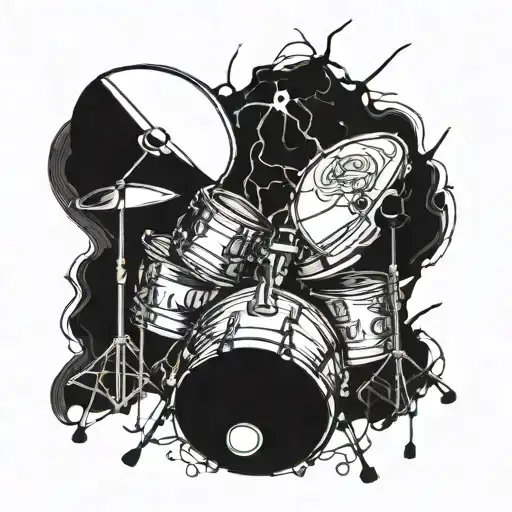 An otherworldly drum set surrounded by infinite darkness tattoo design idea