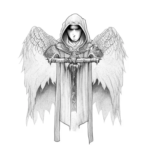 fallen angel hooded cloak and sword tattoo design idea