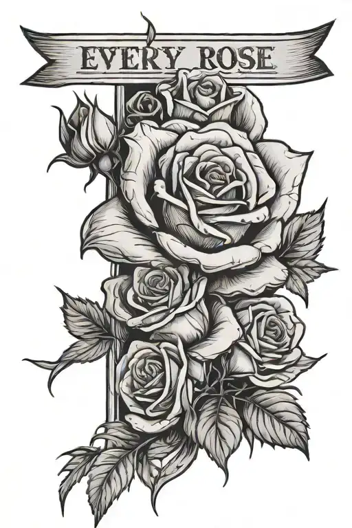 a rose bleeding out of its thorns with a banner saying every rose has its thorns  tattoo design idea