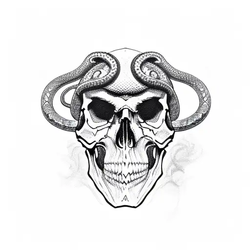 skull with ruby eyes with snake wrapping around it and smoke billowing all around it tattoo design idea